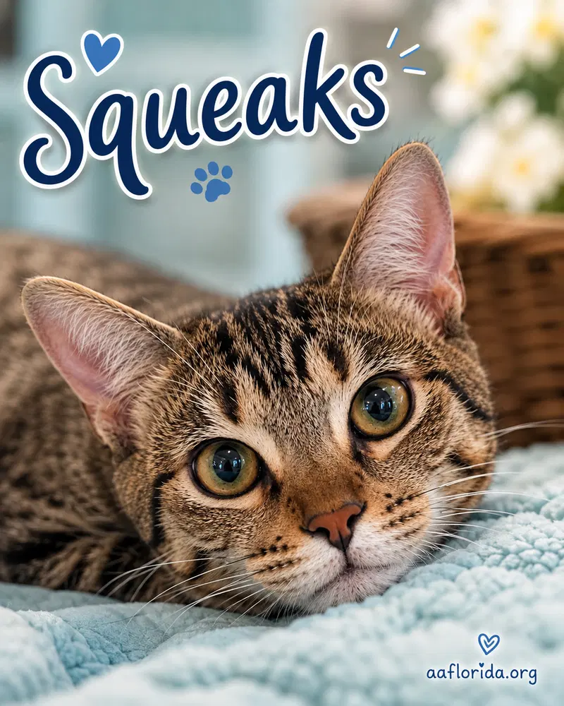 Squeaks, a male Tabby cat up for adoption