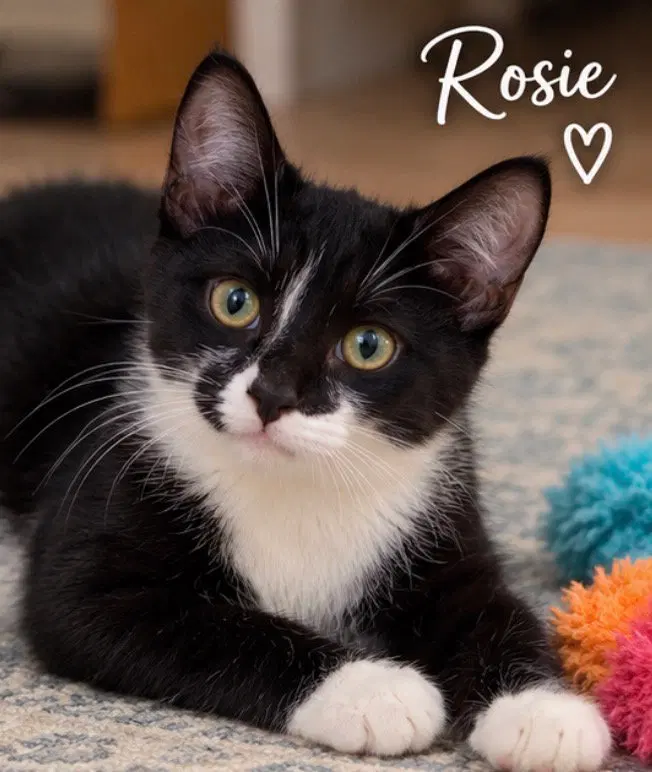 Rosie, a female Tuxedo kitten up for adoption