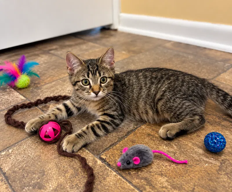 Gretal, a young female Tabby cat up for adoption