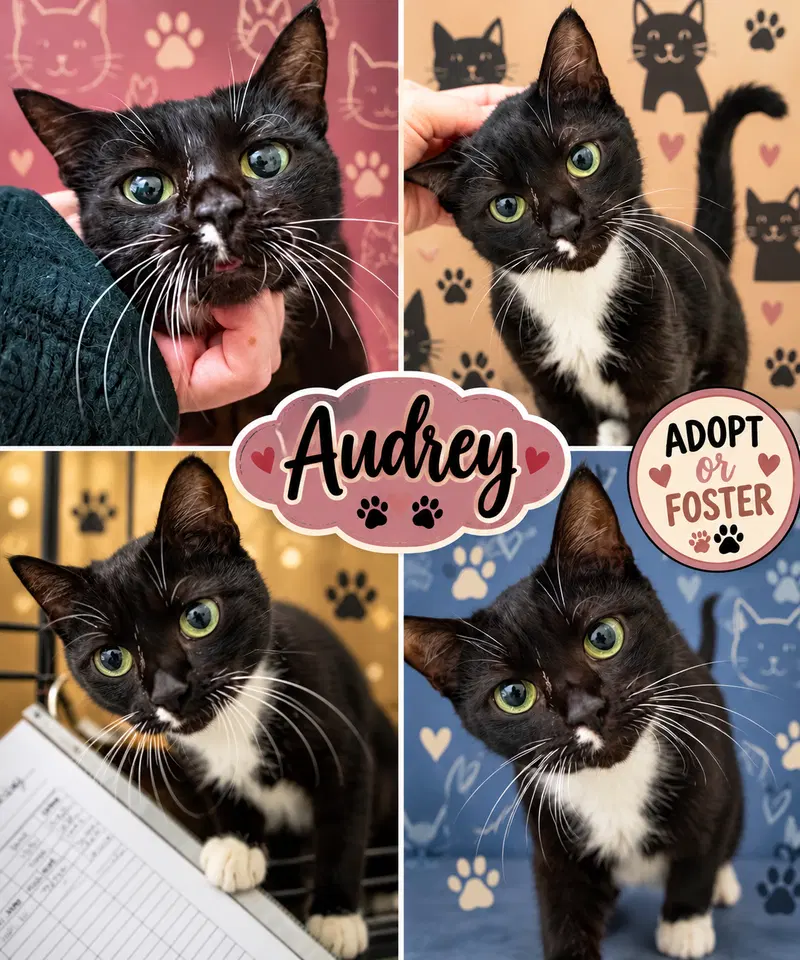 Audrey, a young female Tuxedo cat up for adoption