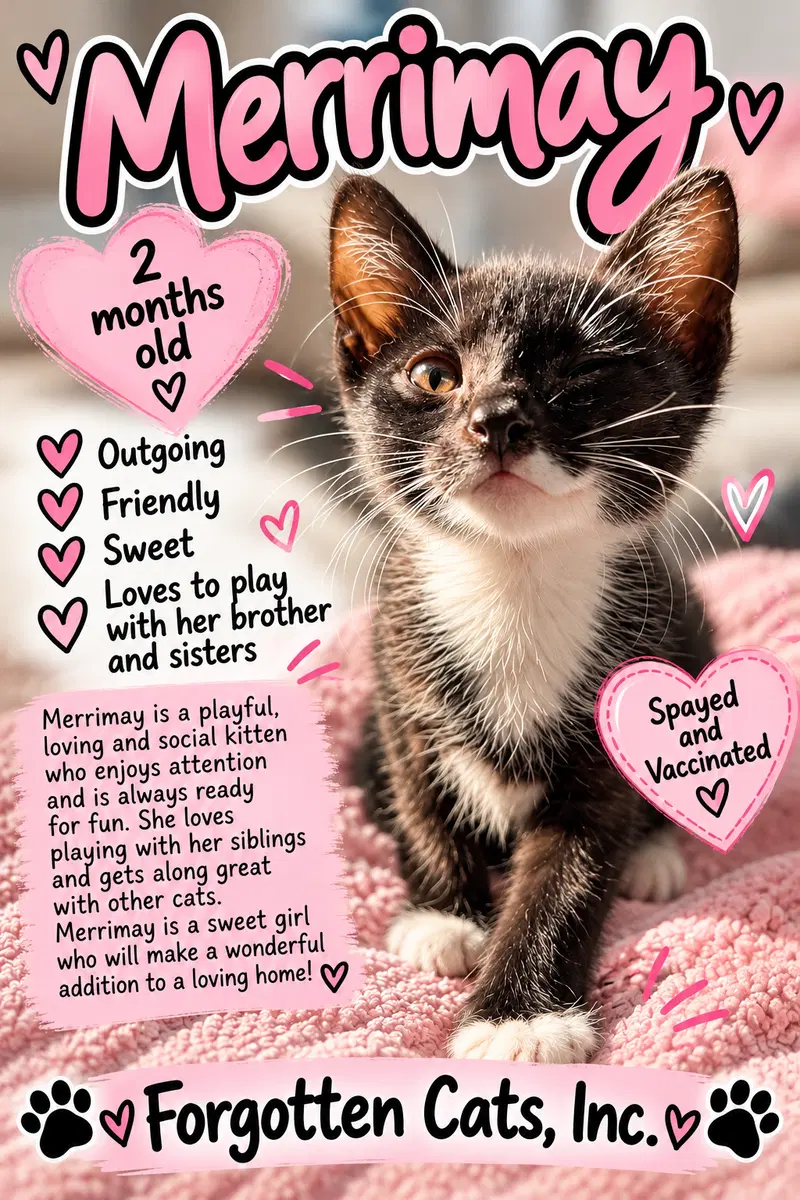 Merrimay C, a female Tuxedo kitten up for adoption