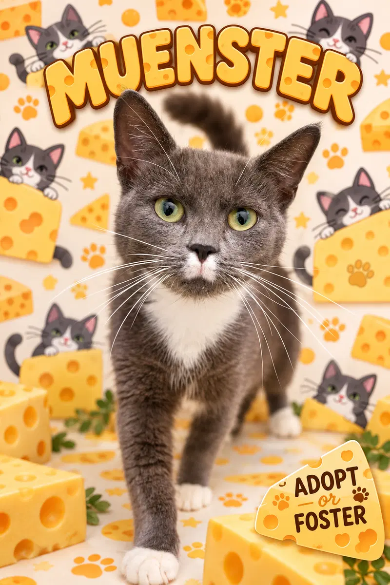 Muenster, a young female Tuxedo cat up for adoption