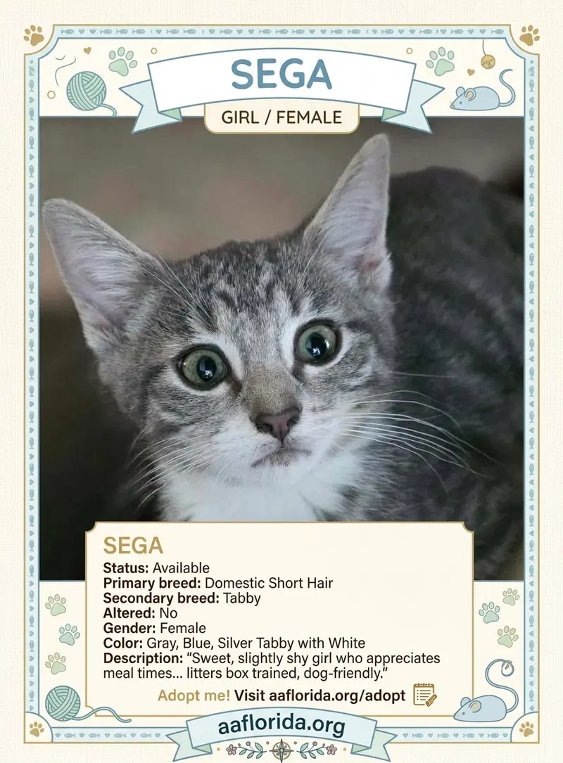 Sega, a female cat up for adoption