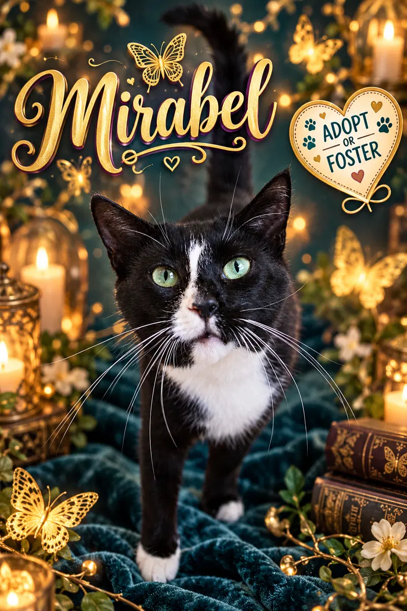 Mirabel, an adult female Tuxedo cat up for adoption