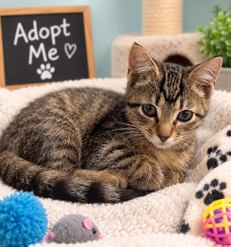 Pebbles, a female Tabby kitten up for adoption