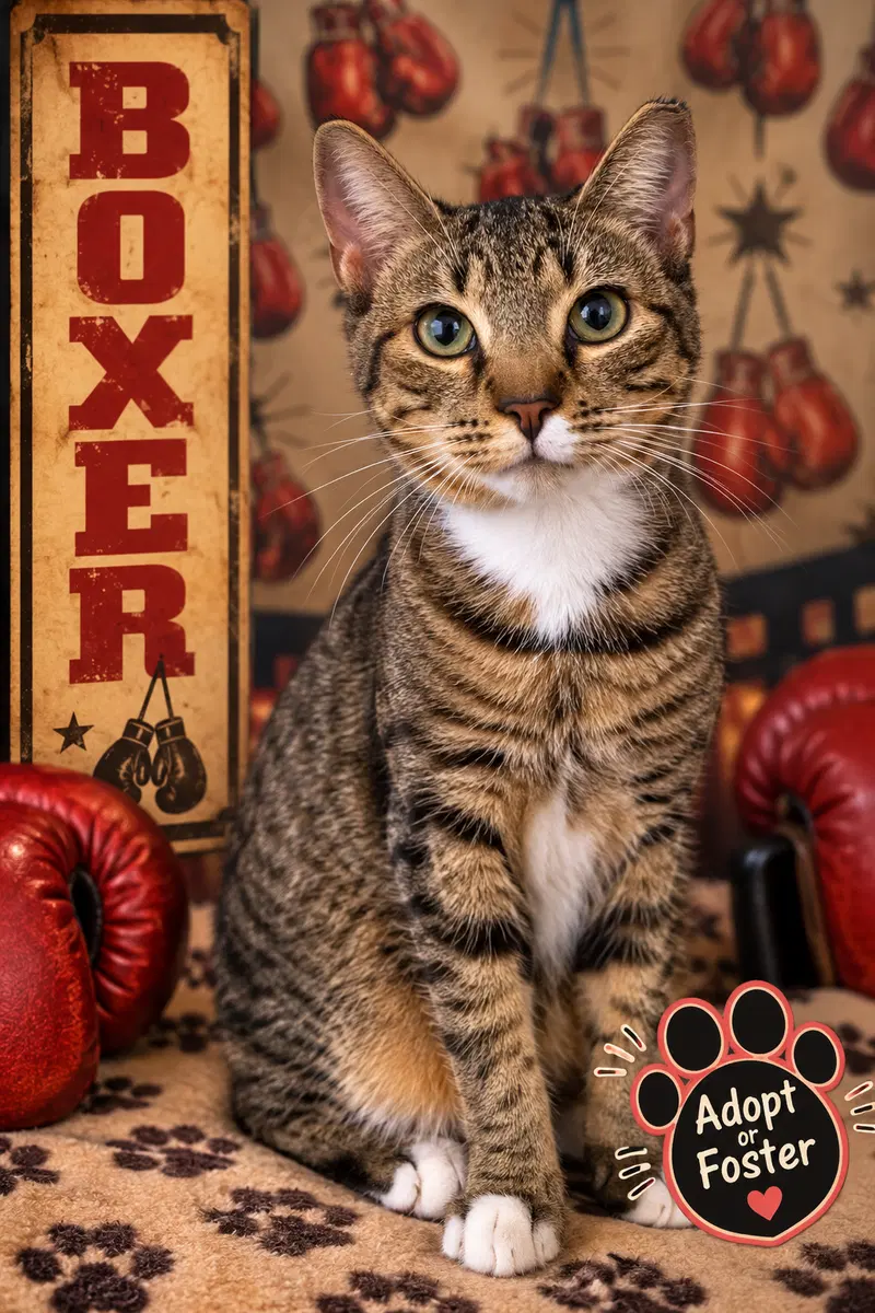Boxer, a young male Tabby cat up for adoption