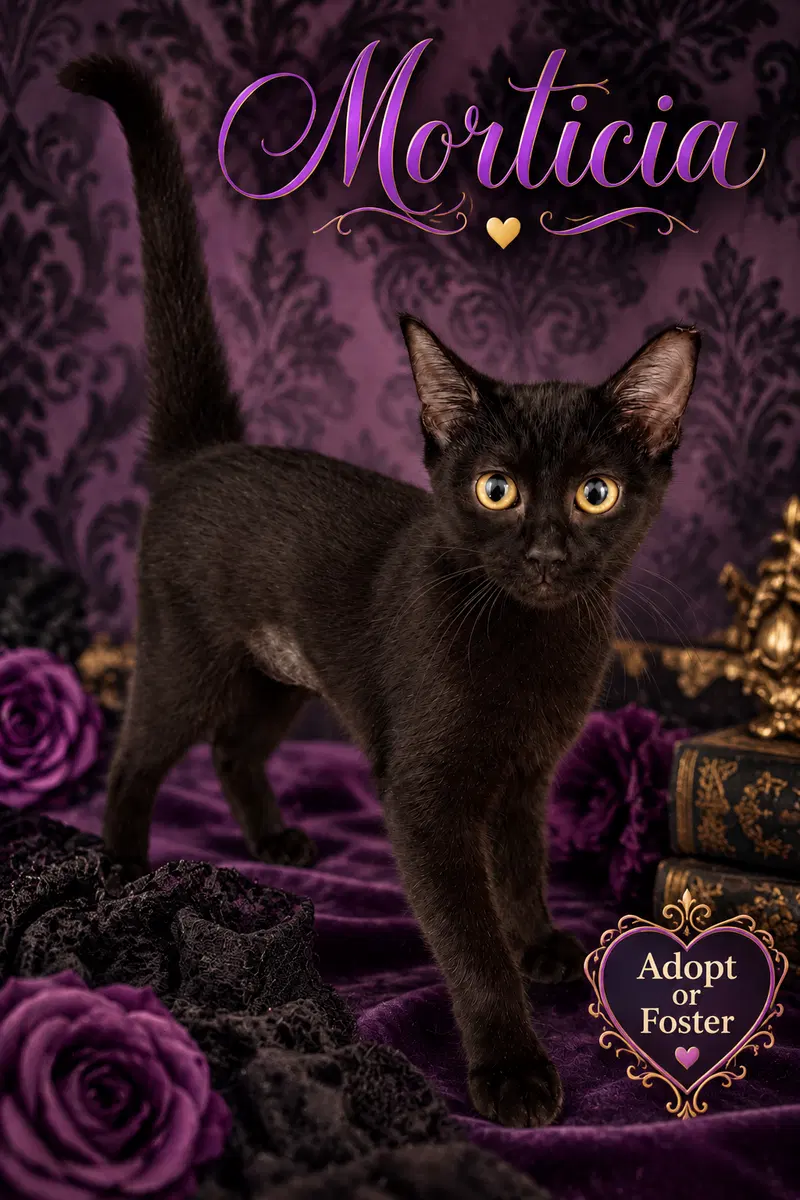 Morticia, a young female cat up for adoption